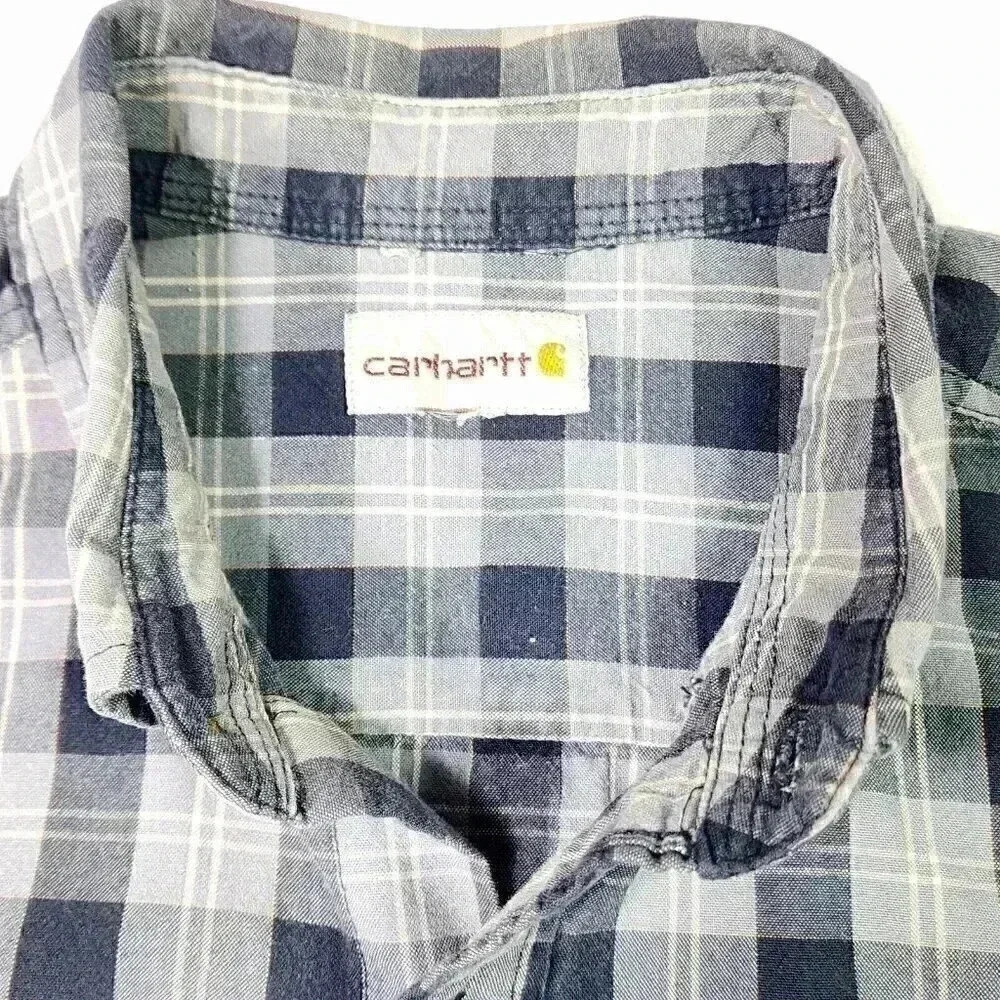 Carhartt Men's Loose Fit Midweight Shirt Large Short Sleeve Blue Plaid Button Up - Picture 3 of 15